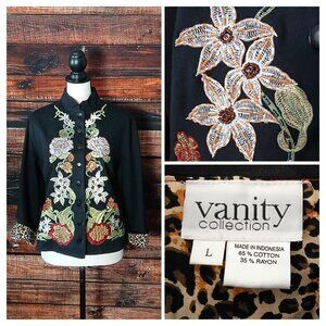 Vanity Collection Vintage 90s Jacket Large Black Embroidered Beaded Mandarin
